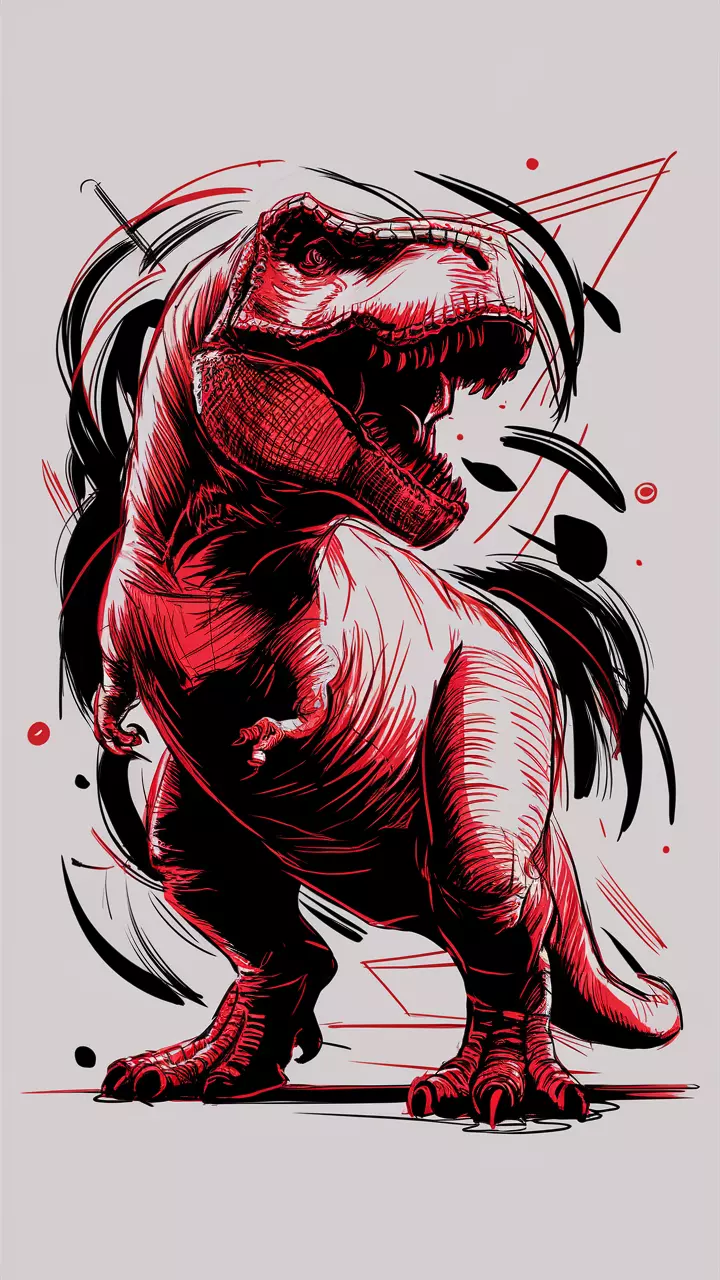 A striking and bold 2D sketch in black and red captures the essence of a thoughtful T-Rex in its iconic roaring pose. The dinosaur's expression masterfully conveys a blend of anger and joy, revealing its emotional depth. The intricate abstract elements, such as flowing lines and geometric shapes, add complexity and dynamism to the composition. The T-Rex stands out vividly against a white background, its vibrant red color drawing the viewer's attention to its exuberant state.
