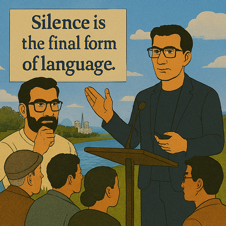 《沉默,是語言最後的形態》。你與文思哲並肩站在塞納河畔的草地講台上,面對潺潺河水與遼闊藍天,說道:  「沉默,是語言最後的形態。」  這場演講回應前幾場中語言與制度作為萬靈丹的論述,最終道出:「說萬語千言,不如閉口保全靈性」的真諦。講台前無麥克風,語言以靜默的光環環繞聽眾,村民與年輕學者席地而坐,神情沉思,彷彿靈魂正在被靜默雕塑。