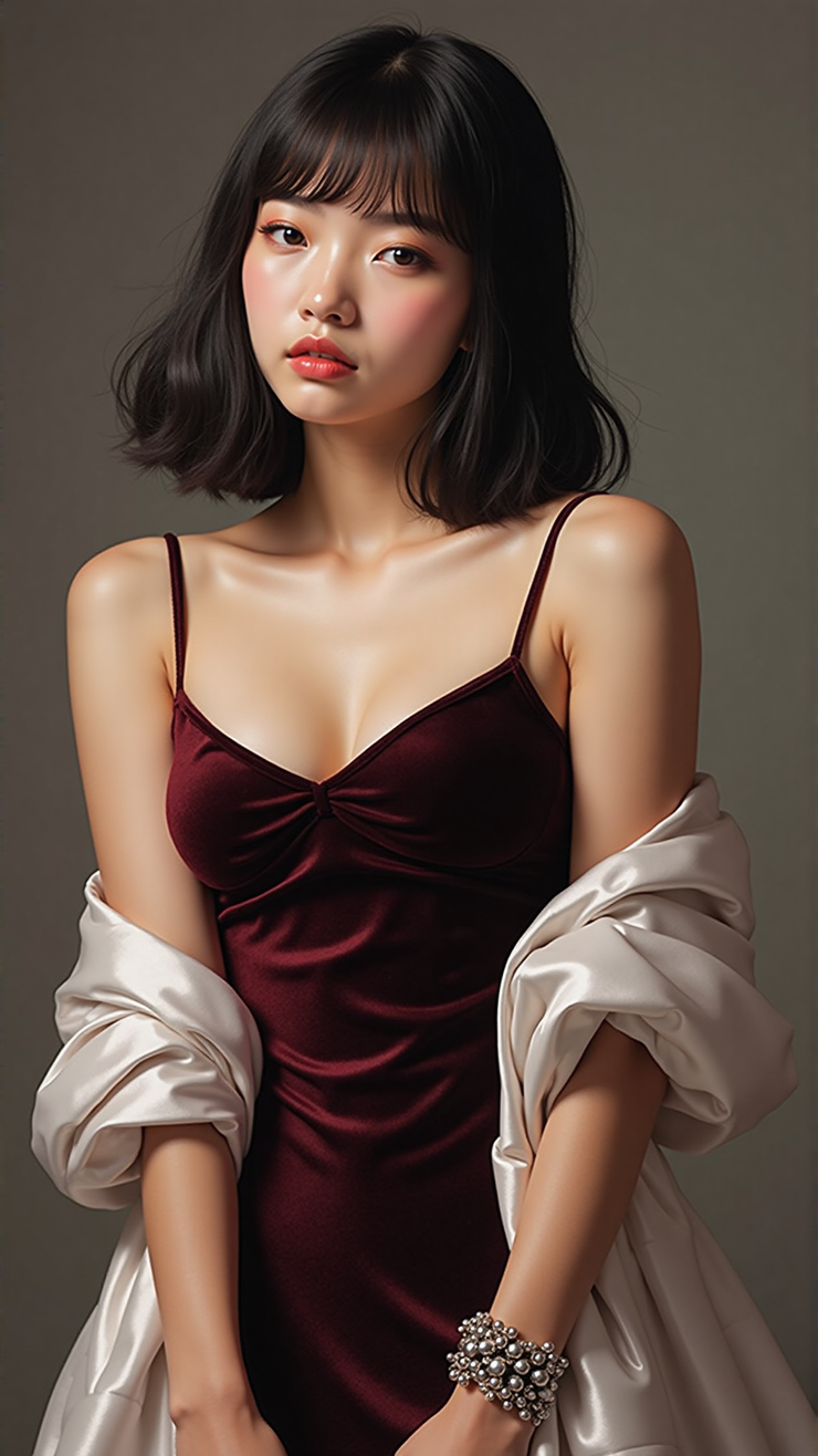 Velvet slip dress, satin kimono, silver bracelet( 天鵝絨吊帶睡裙,緞面和服,銀色手鐲 )