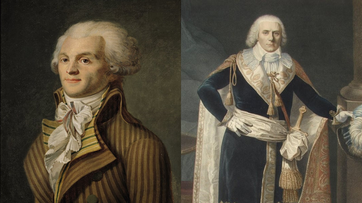 (左)「雅各賓派」的羅伯斯比爾,同時也是「恐怖統治時期」的代表人物(電影中由薩姆特勞頓所飾演);(右)反對羅伯斯比爾的「熱月黨」代表人物保羅巴拉斯(電影中由塔哈拉辛飾演)