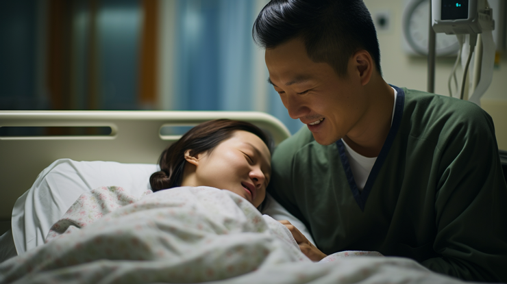 爸爸在醫院的待產室內,靜靜地坐在孕婦床邊陪伴待產的媽媽